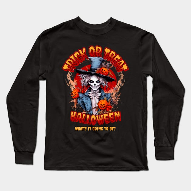 Trick or Treat Skeleton Halloween Long Sleeve T-Shirt by CashArtDesigns